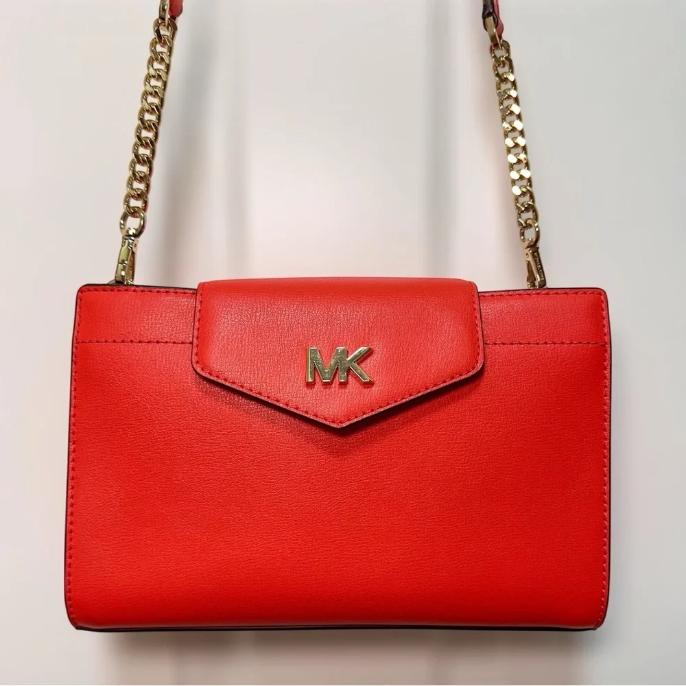 Michael Kors Structured Red Leather Chain Strap Crossbody Clutch